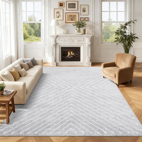 Grey 9x12 Modern Geometric Area Rug Non-Slip Soft Carpet for Living Room