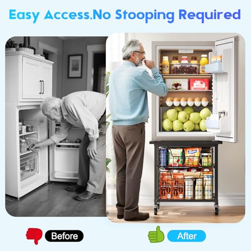 Black Mini Fridge Stand with Storage Drawers - Heavy Duty Kitchen Cart
