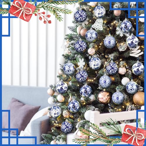 Poen 24 Pcs Blue & White Chinoiserie Christmas Ornaments 2.36" - Variation of 24 / 2.36"