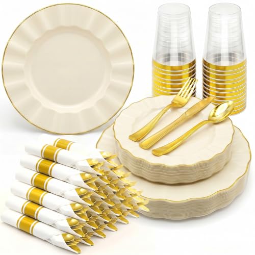 Ivory White Scalloped Plastic Dinnerware Set for 25 Guests - 175 pcs