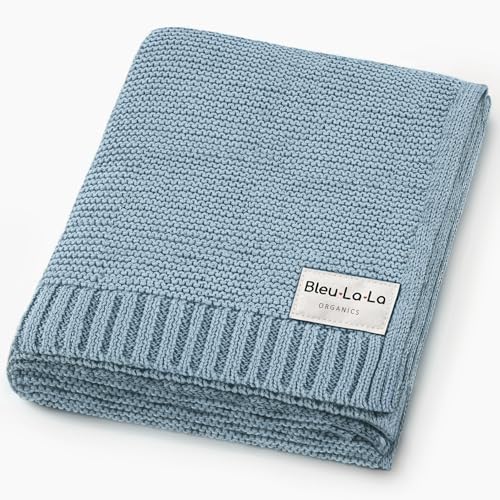 Heritage Knit Baby Quilt Blanket - Sky Blue Organic Cotton for Boys - Variation 01