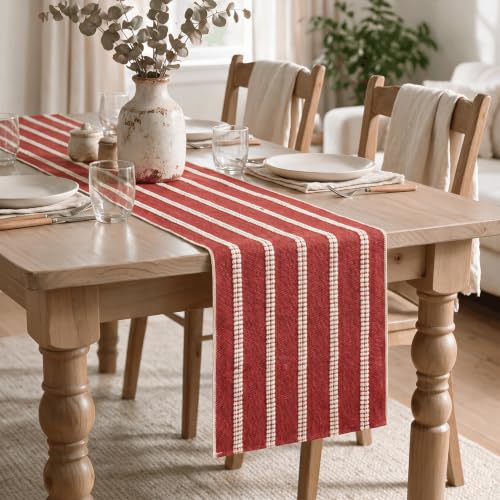 Artoid Mode Red Farmhouse Dashed Stripe Table Runner 12x72 Inch, Holiday & Rustic Kitchen Decor