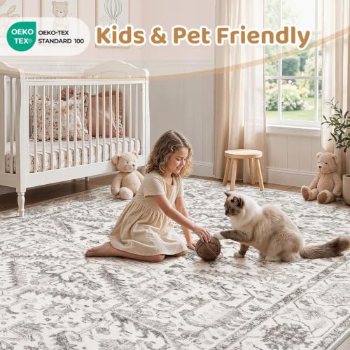 ZUNTKON 7x9 White Washable Area Rug Vintage Style Non-Slip Living Room Carpet