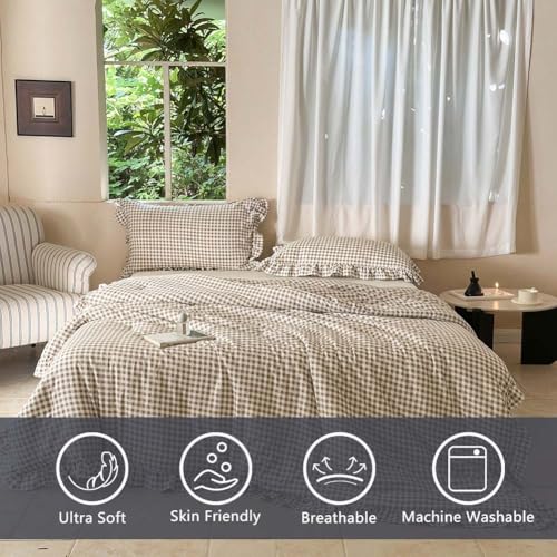 Tan Gingham Ruffled Comforter Set - Queen Size Farmhouse Bedding