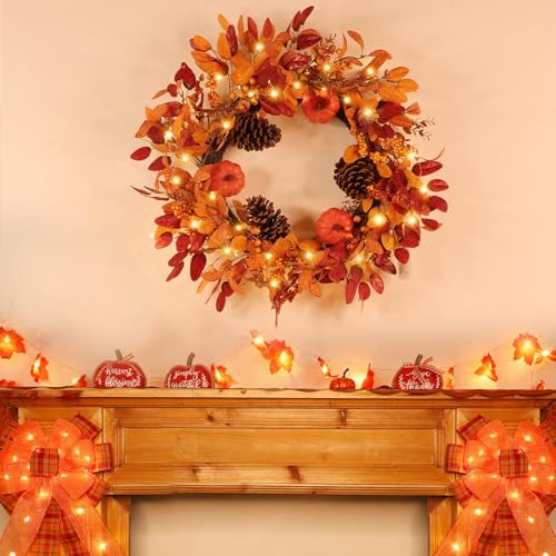 Large 26 Inch Fall Wreath with Lights & Timer for Front Door, Autumn Pumpkin & Eucalyptus Decor