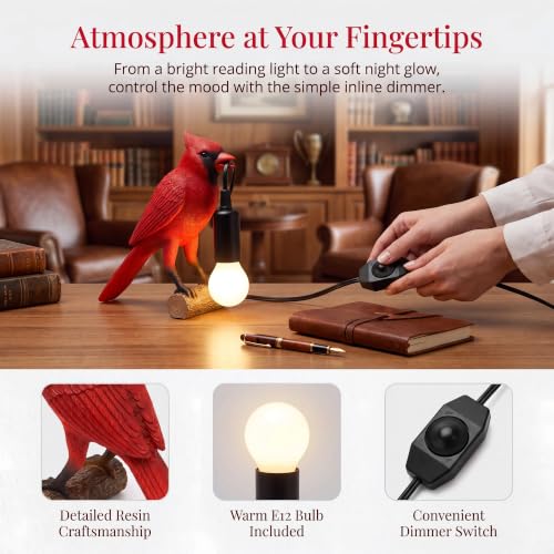 OVANUS Red Cardinal Lamp - Dimmable Night Light for Bird Lovers, Safe & Durable