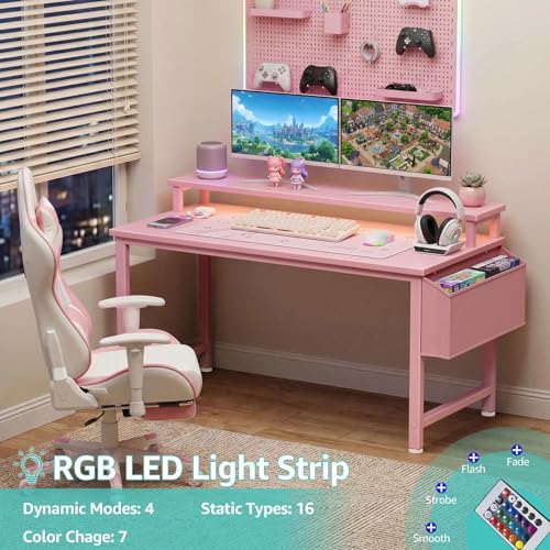 Pink Girls Gaming Desk with LED Lights & Power Outlets - 39.4 Inch Home Office Computer Table with Monitor Stand