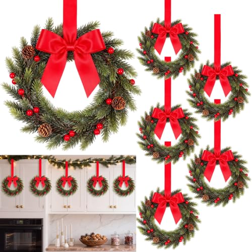 Rivvlive 6 Pcs 10'' Mini Christmas Chair Wreath with Red Satin Bow - Norfolk & Cedar Variants