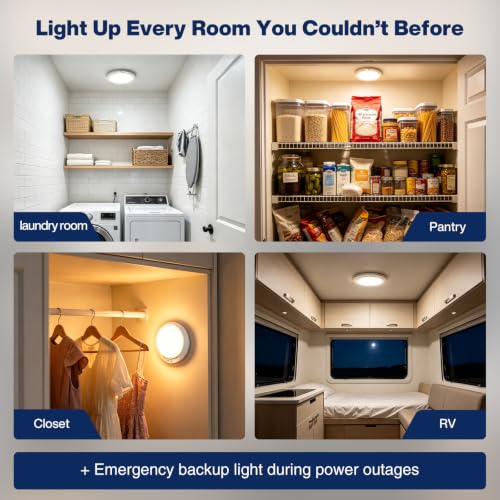 Rechargeable Ceiling Light with Remote & Motion Sensor - 4 Pack - 7.55 Inch Dimmable 3-Color LED Lamp for Closet & Shower, Magnetic, Battery Operated, Variation 4