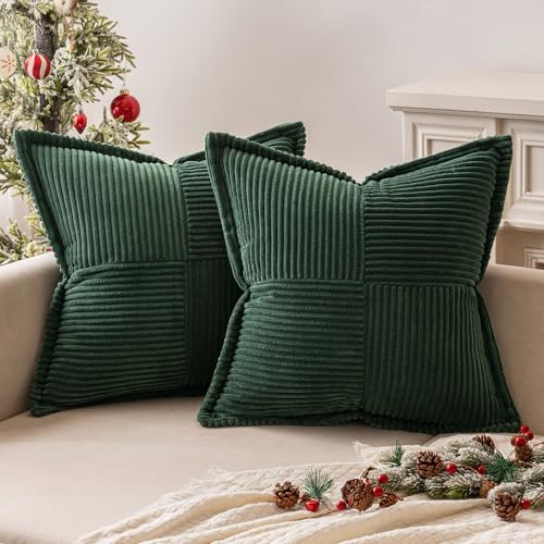 MIULEE 12x12 Dark Green Corduroy Throw Pillow Covers (2 Pack) - 100% Polyester