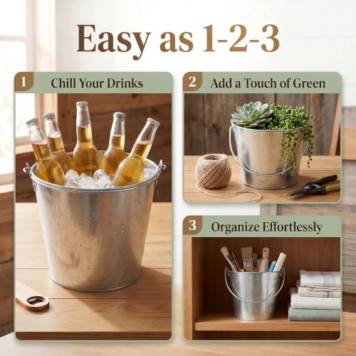 3-Pack Galvanized Beer Buckets - 5 Quart Outdoor Ice Pails 9x9x7 Inches