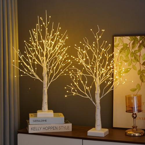 Artificial Birch Tree Lamp 2 Pack with Timer - Warm White LED Light, DIY Branches, 24 Inch