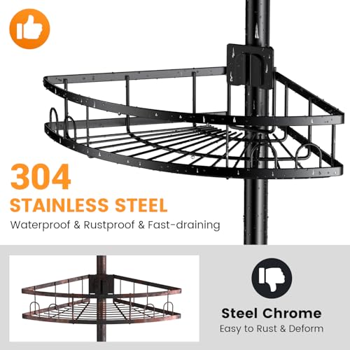 Foukus Matte Black Adjustable Tension Pole Shower Caddy - Rustproof Corner Bathroom Organizer