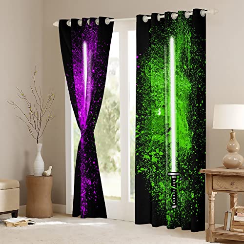 Feelyou Lightsaber Windows Drapes Purple Green Tie Dye Curtains for Bedroom Living Room for Kids Boys Teens Future Technology Curtains Soft Lightweight Room Decoration,42 X 63 Inch,2 Panels