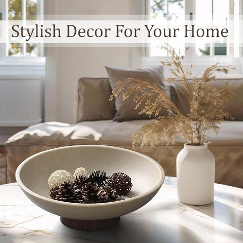 Resin Pedestal Fruit Bowl with Wood-Look Base - Large Modern Kitchen & Dining Centerpiece - Brown