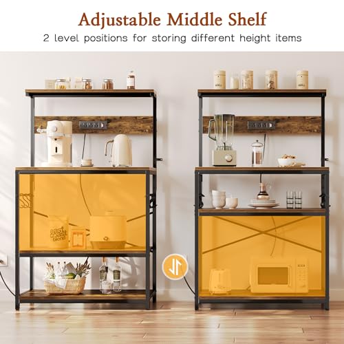 Bakers Rack with Power Outlets and Adjustable Shelves - Rustic Brown 31.5 Inch