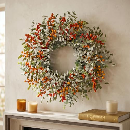 24-Inch Fall Eucalyptus Wreath with Orange Berries - Front Door Decor