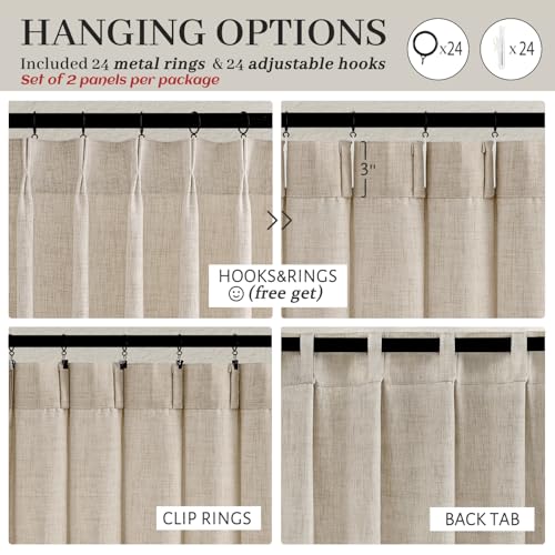 Natural Linen Light Filtering Curtains Pack of 2 - 60W x 96L Inches, Pleated Semi Sheer Farmhouse Drapes