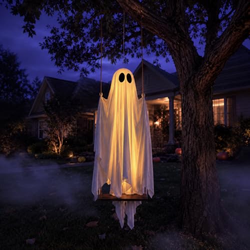 HAPPYCLUB 5ft Pre-Assembled Swing Ghost Halloween Decor Outdoor Yard with Remote Lights