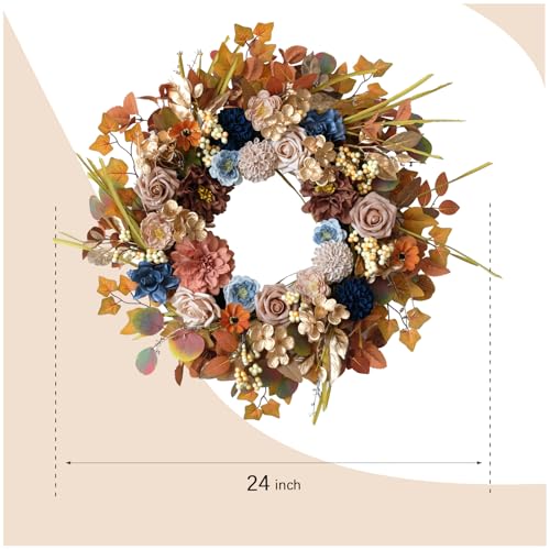 24-Inch Fall Flowers Wreath with Eucalyptus and Maple Leaves for Front Door