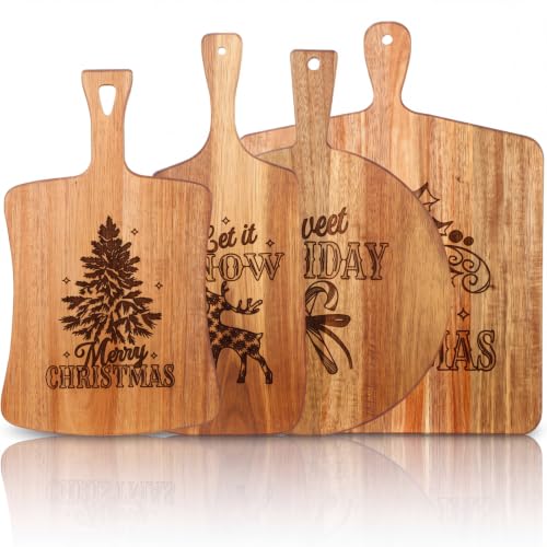 SiliFine Christmas Cutting Boards Set - 4 Acacia Wood Boards with Handles