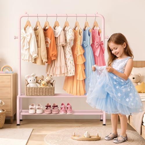 Kids Clothing Rack with Shelves - Pink Dress Up Storage for Little Girls