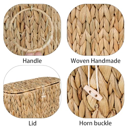 Water Hyacinth Toilet Paper Storage Basket with Lid - Slim Organizer Holds 9 Mega Rolls - Natural