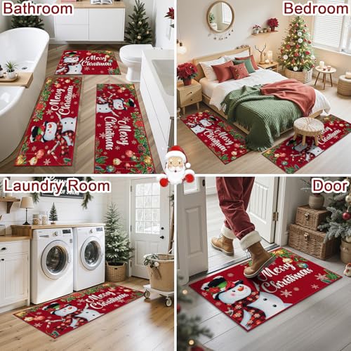Ileading 3-Piece Christmas Kitchen Rug Set with Non-Slip Backing, 20x32, 20x48, 20x59 - Red Snowman