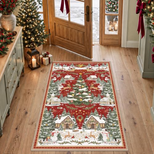 Olacotta Red 3x5 Christmas Indoor Rug with Vintage Village Design, Washable Entryway Mat