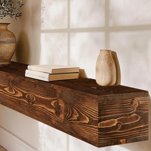 48 Inch Fireplace Mantel Shelf - 5 Inch Thick Pine Wood Floating Wall Shelf - Brown, Hollow, 48x5x8