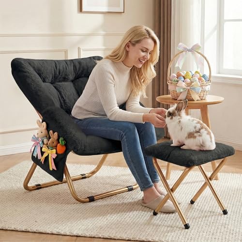 Kasunpul Black Foldable Faux Fur Lounge Chair - Oversized Comfy Seat for Bedroom & Living Room
