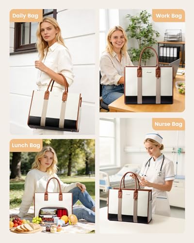 LOVEVOOK 15.6 Inch Waterproof 3-in-1 Work Tote Bag with Lunch Compartment & Giant Tumbler Holder, White Flower Variant