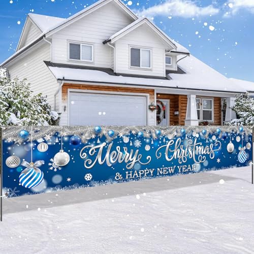 Blue & Silver Merry Christmas Yard Banner 118x24in - Dual Holiday Backdrop