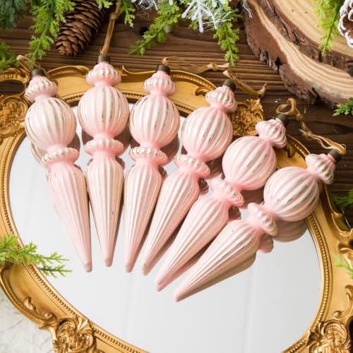 Munansli Pink Vintage Finial Christmas Ornaments, 6Pcs - Shatterproof 5.71in Pink Gold