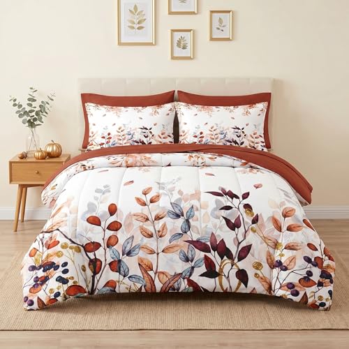 Pamnest Queen Leaf Fall Comforter Set with Sheets 7 Pieces Eucalyptus Bedding