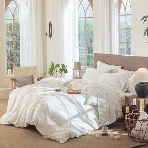 MooMee Wide Stripes Queen Sheet Set - White & Linen Grey 100% Washed Cotton