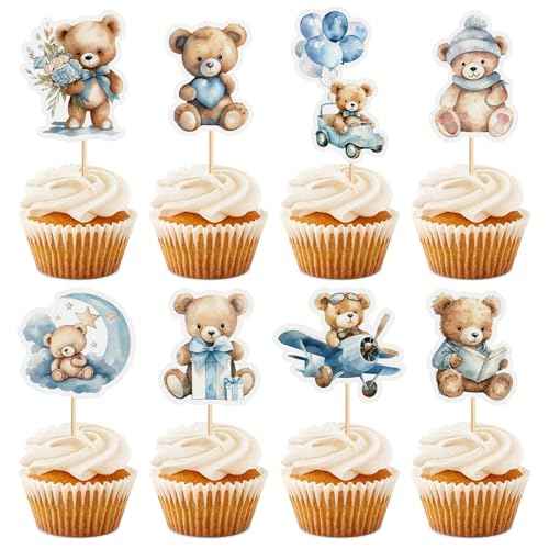32PCS Baby Shower Bear Cupcake Toppers Airplane Car Balloon Moon Gift Bear Cake Topper Decorations Baby Theme Birthday Party Cake Decorative Supplies