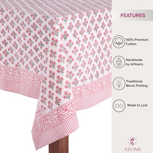 ATOSII Gulbahar White Pink 100% Cotton Fall Rectangle Tablecloth,