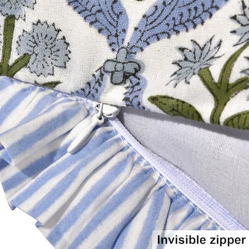 Light Steel Blue Block Print Ruffle Pillow Covers 18x18 Inch Set of 2 - Cotton Decorative Throw Pillows