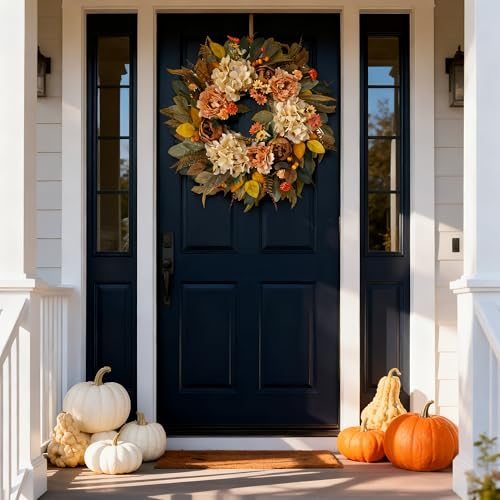 HipTree 24-Inch Fall Hydrangea and Peony Wreath - Creamy Variation 09