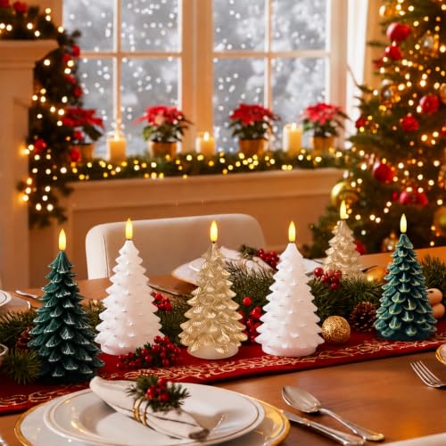 ARIKJ White & Silver Christmas Tree Flameless Candles, Battery Operated Holiday Decor