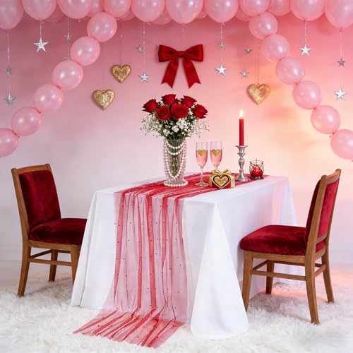 Red Tulle Table Runner Pearl Fabric Christmas Veil Dessert Chiffon
