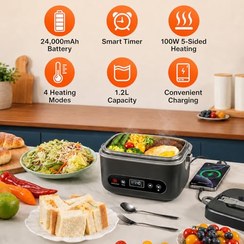 Dark Gray 1.2L Self-Heating Lunch Box for Adults - Portable Food Warmer