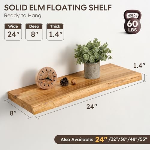 Realgulf 24-Inch Natural Elm Floating Shelves Set of 2 - Live Edge Rustic Wall Storage