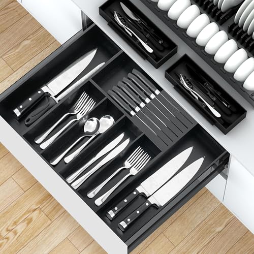 VaeFae Bamboo Silverware Drawer Organizer - 7 Slots, Black, Adjustable & Removable Knife Block