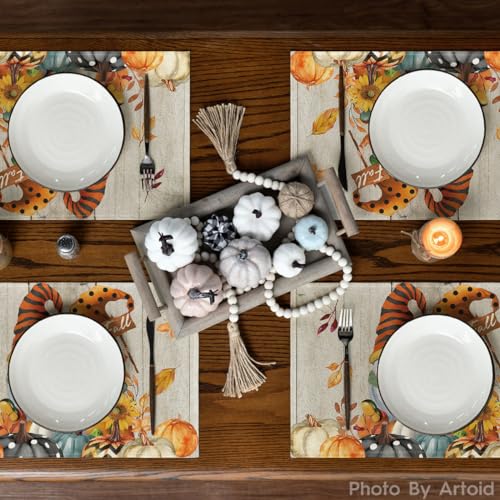 Artoid Mode Wood Gnomes Pumpkins Fall Placemats Set of 4, 12x18 Inch Seasonal Thanksgiving Table Mats for Party Kitchen Dining Decoration