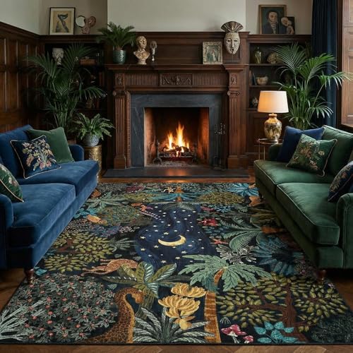 Blue 8x10 Jungle Animal Area Rug for Living Room & Bedroom - Washable Non-Slip Floor Mat