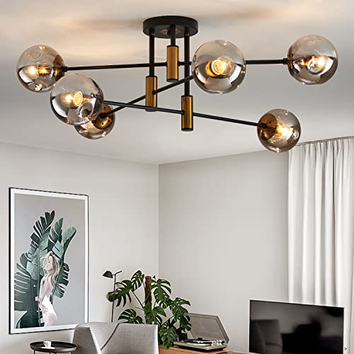 Black and Gold 6-Light Sputnik Ceiling Light Fixture - Mid Century Modern Chandelier