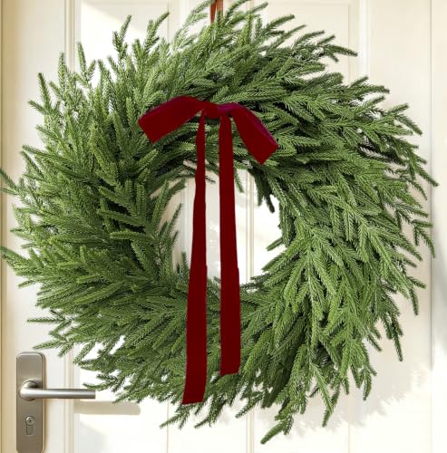 Thewe 26-Inch Real Touch Norfolk Pine Wreath with Velvet Ribbon (Green) for Front Door