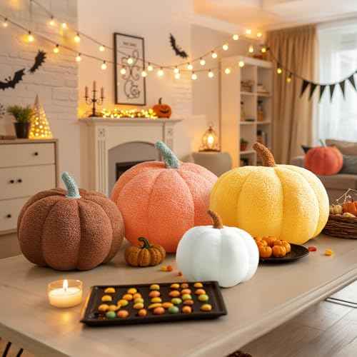 Fall Pumpkin Pillow Orange Fleece Sherpa 3D Pumpkin Shaped Decorations Pillows for Home Autumn Halloween Thanksgiving Farmhouse Decora,11.02"